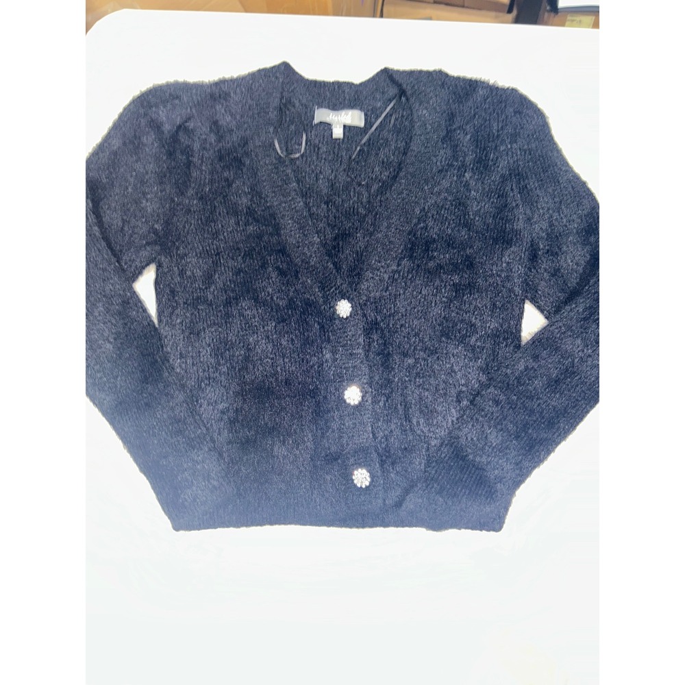 Marled Reunited Clothing Black Fuzzy Knit Cardigan Rhinestone Button Sweater S